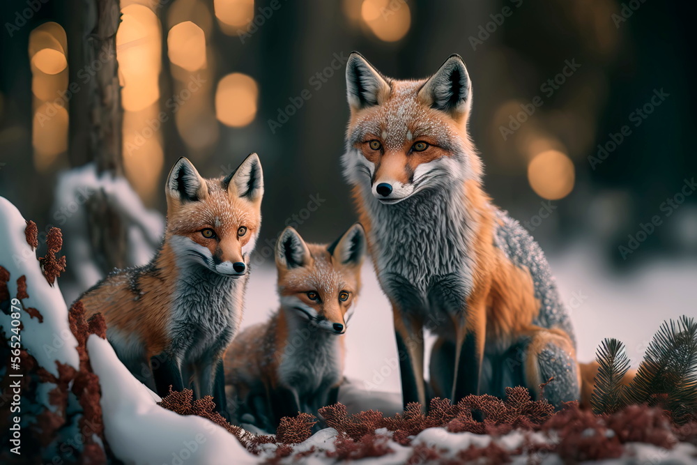 Naklejka premium Family of cute foxes in the winter forest Generative AI