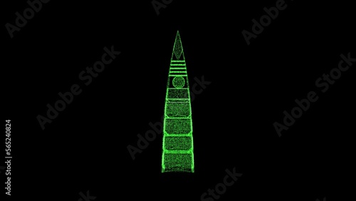 3D Al Faisaliyah Tower on black background. Object consisting of green flickering particles. Science concept. Abstract bg for title, presentation. Screensaver. 3D animation. photo