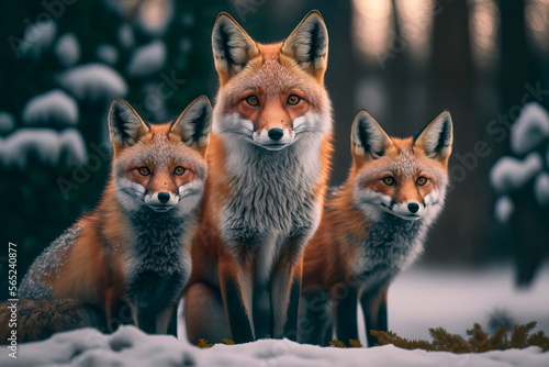 Family of cute foxes in the winter forest Generative AI