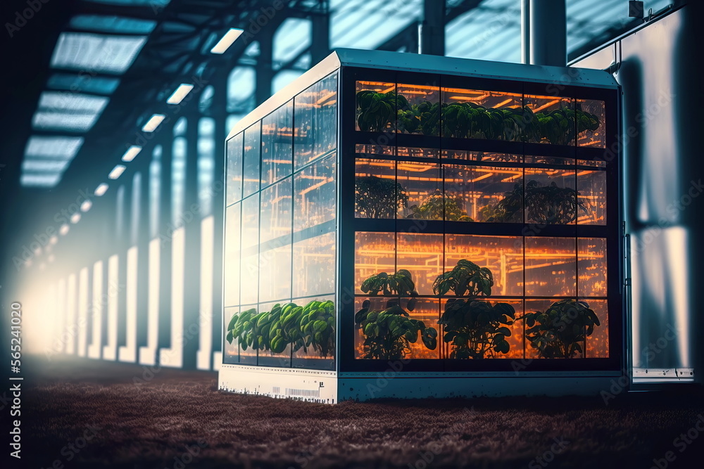 Futuristic greenhouse for growing or automatic watering plants Generative AI