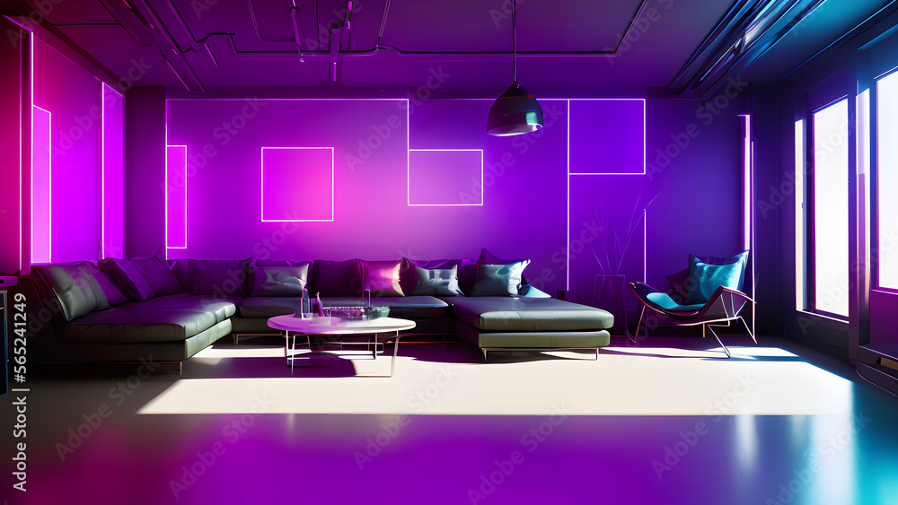 futuristic looking living room with purple neon light, bright light from window