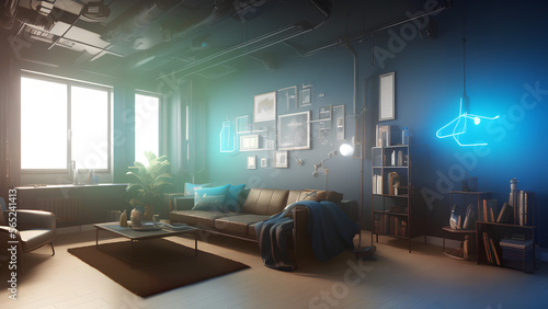 steampunk looking living room with blue neon light and bright window