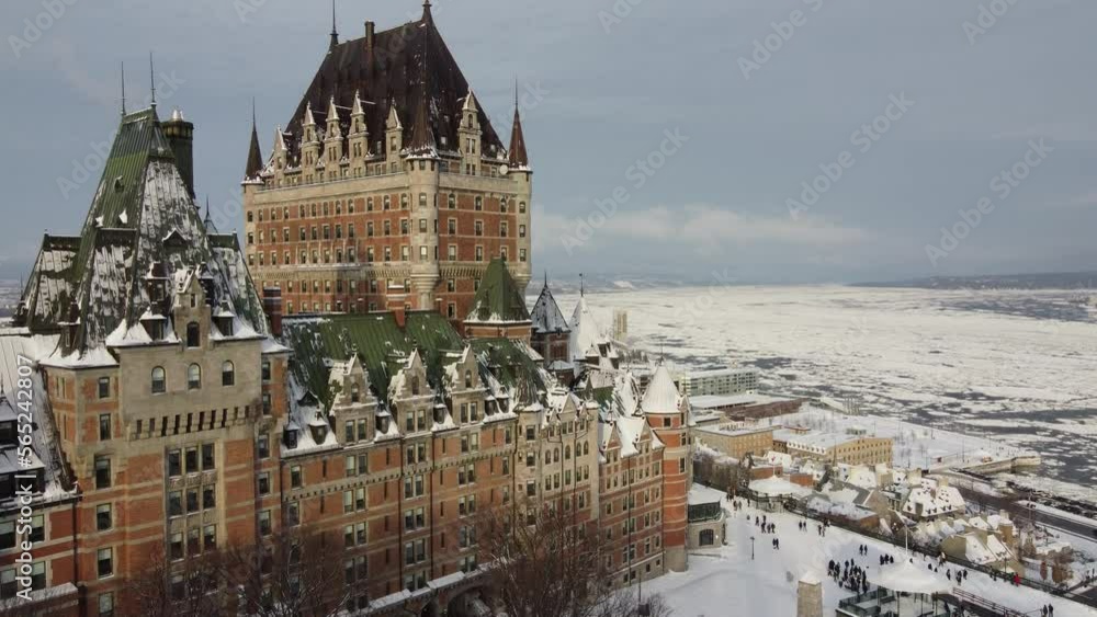 Québec- Château Frontenac and Dufferin Terrace Aerial in Winter
