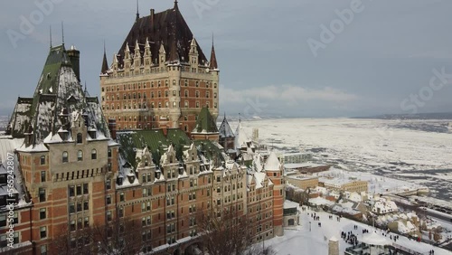 Québec- Château Frontenac and Dufferin Terrace Aerial in Winter