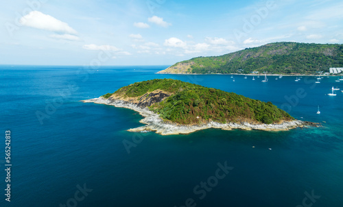 Drone aerial view shot of Tropical sea with beautiful small island in Phuket Thailand