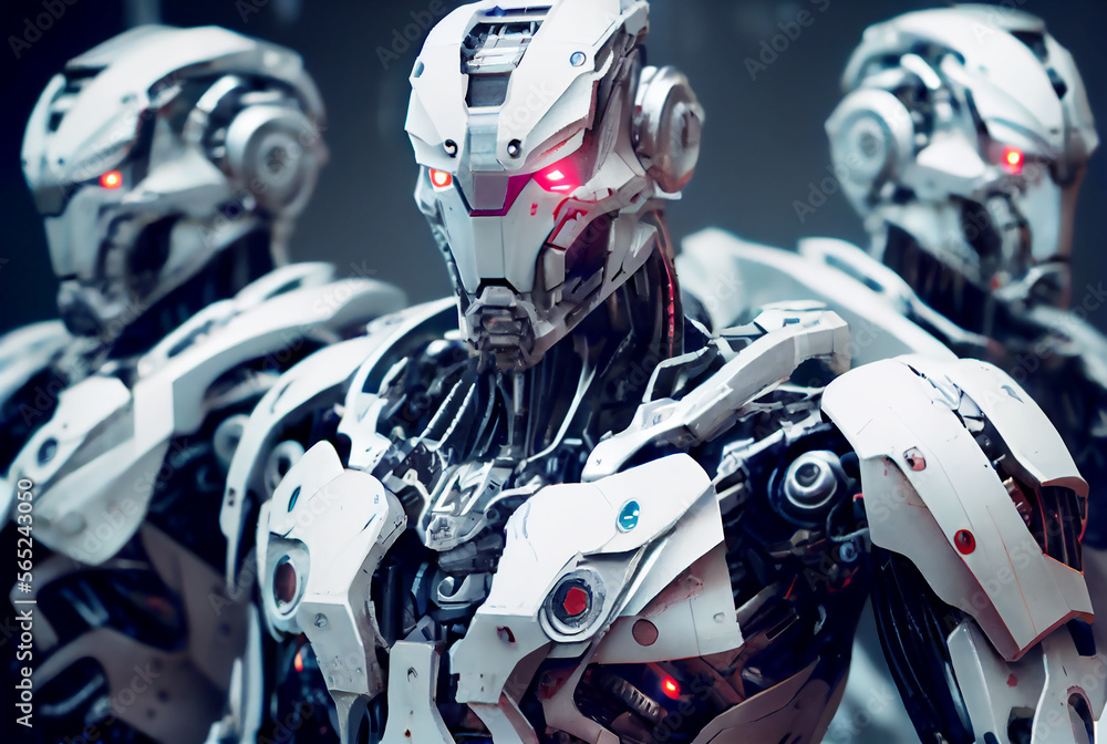 White robot army or group of cyborgs. Generative AI. White robot army or group of cyborgs. Generative AI.