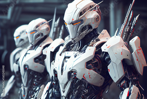 White robot army or group of cyborgs. Generative AI.