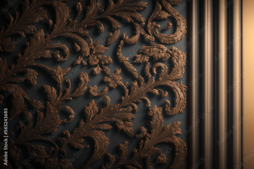 Bronze colored ornate squiggled floral fresco texture on black background. Generative AI