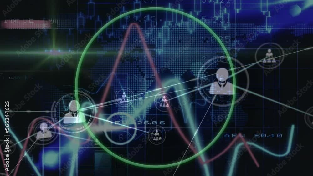 Animation of data processing with green circle over network of connections Animation of data processing with green circle over network of connections