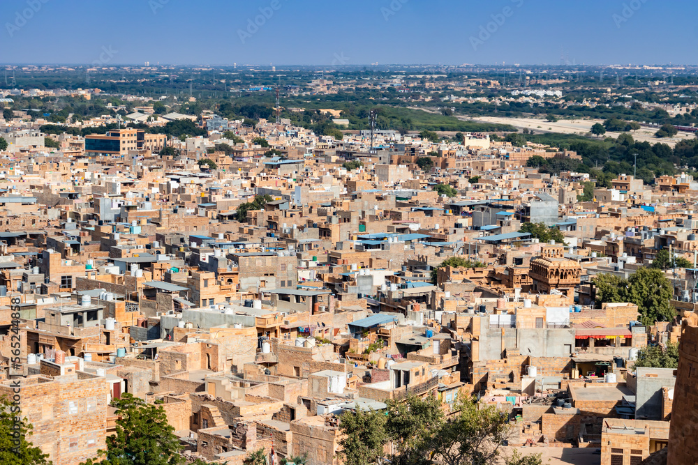 desert city architectural view with bright blue sky from fort from flat angle at day
