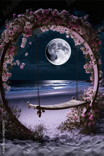 honeymoon at the night at seaside with beaful full moon Generative AI photo