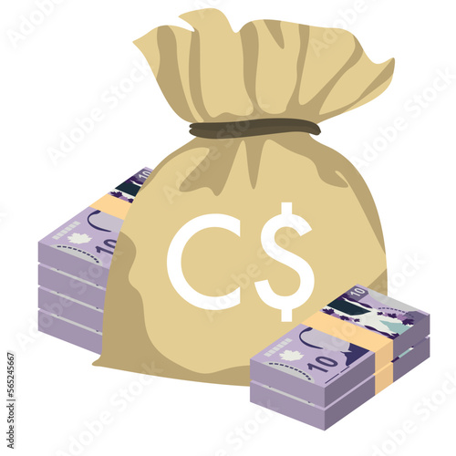 Canadian Dollar Vector Illustration. Canada money set bundle banknotes. Money bag 10 CAD. Flat style. Isolated on white background. Simple minimal design.