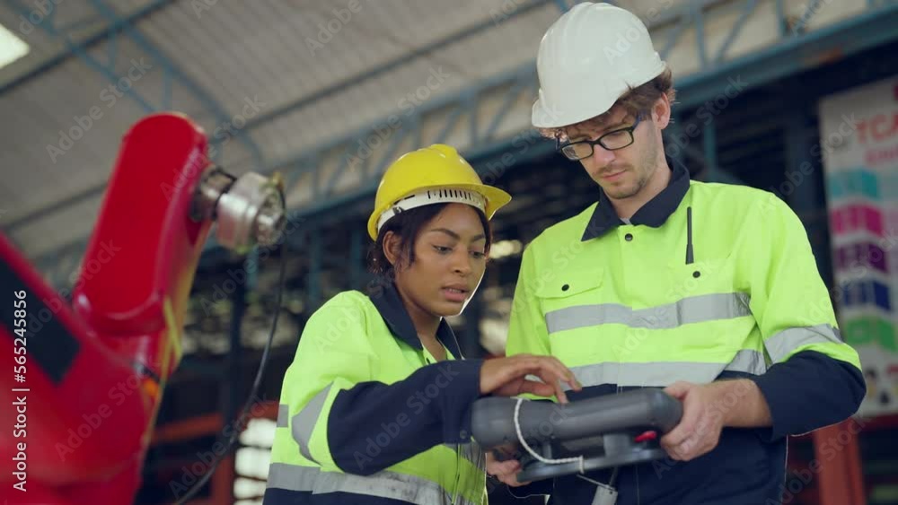 Team engineer controlling robot arm at factory. They checking the operation of robot arm. Technology, automation, innovation and engineering concept. Team engineer controlling robot arm at factory. They checking the operation of robot arm. Technology, automation, innovation and engineering concept.