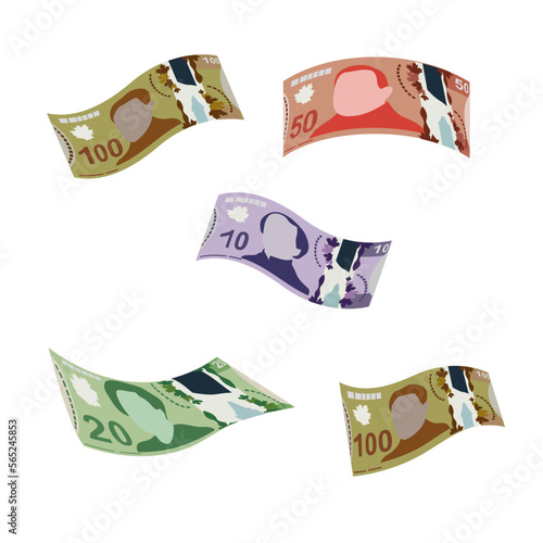 Canadian Dollar Vector Illustration. Canada money set bundle banknotes. Falling, flying money 10, 20, 50, 100 CAD. Flat style. Isolated on white background. Simple minimal design.
