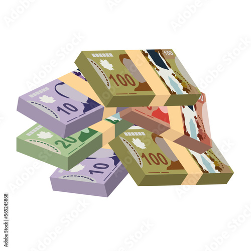 Canadian Dollar Vector Illustration. Canada money set bundle banknotes. Paper money 10, 20, 50, 100 CAD. Flat style. Isolated on white background. Simple minimal design.