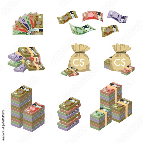 Canadian Dollar Vector Illustration. Huge packs of Canada money set bundle banknotes. Bundle with cash bills. Deposit, wealth, accumulation and inheritance. Falling money  10, 20, 50, 100 CAD