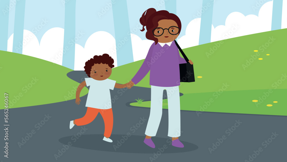 Mom and son walking on the sidewalk Mom and son walking on the sidewalk