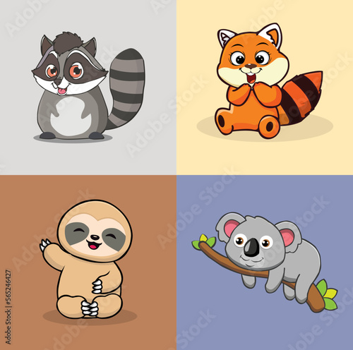 Collection of Cute Mammal Animals Koala,Sloth,Red Panda,Racoon
