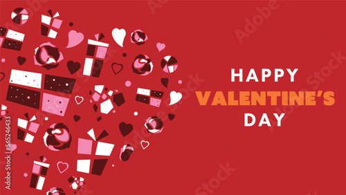ギフトやバラのアイコンで作られたハート型のハッピーバレンタインデー背景テンプレート（赤）　Heart shaped Happy Valentine's Day background template made with gift and rose icons (red)