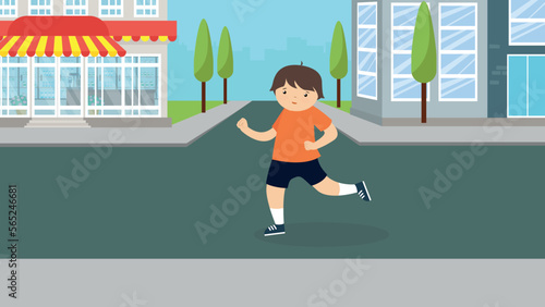Boy running down the street in the city