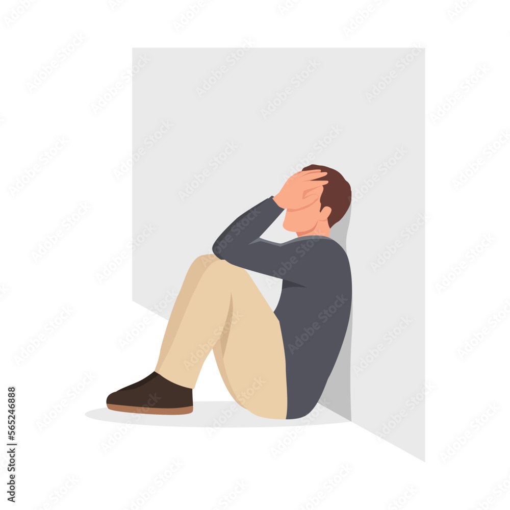 Young man depressed and sit on the floor. Flat vector illustration isolated on white background - obrazy, fototapety, plakaty 