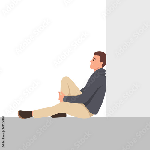 Young depressed male character sitting on the floor and think about his future. Flat vector illustration isolated on white background