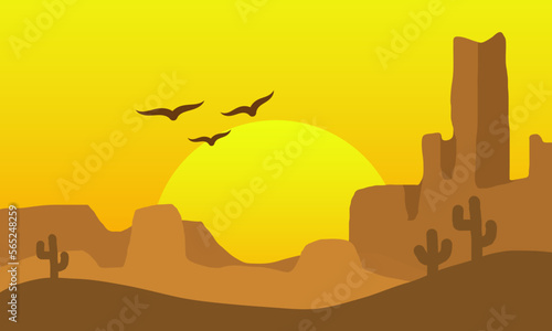 Desert Landscape With Cactus  Hills  Birds  Sun  and Mountains silhouettes. Vector Illustration