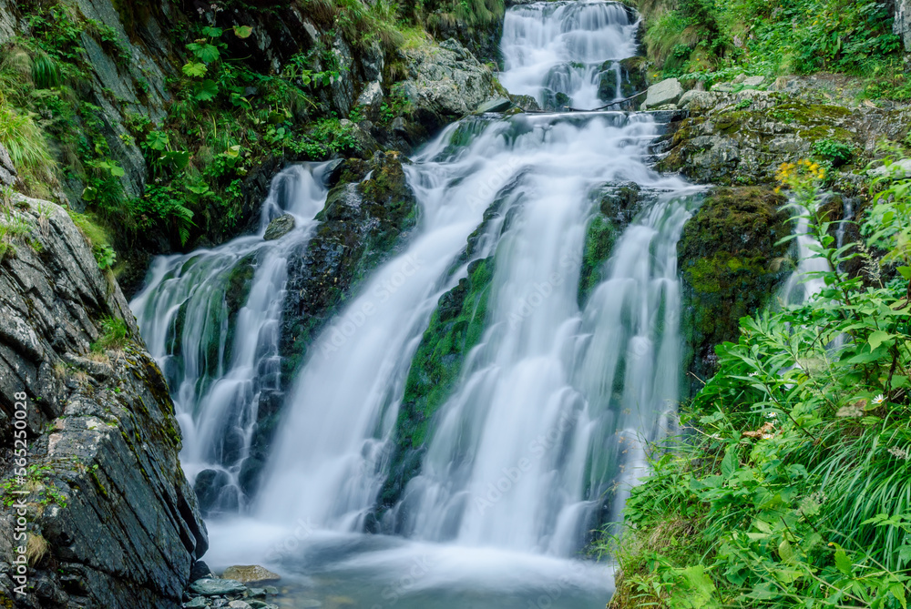 Beautiful mountain rainforest waterfall with fast flowing water and rocks, long exposure. Natural seasonal travel outdoor background with sun shining. Stream waterfall on rocks in the forest