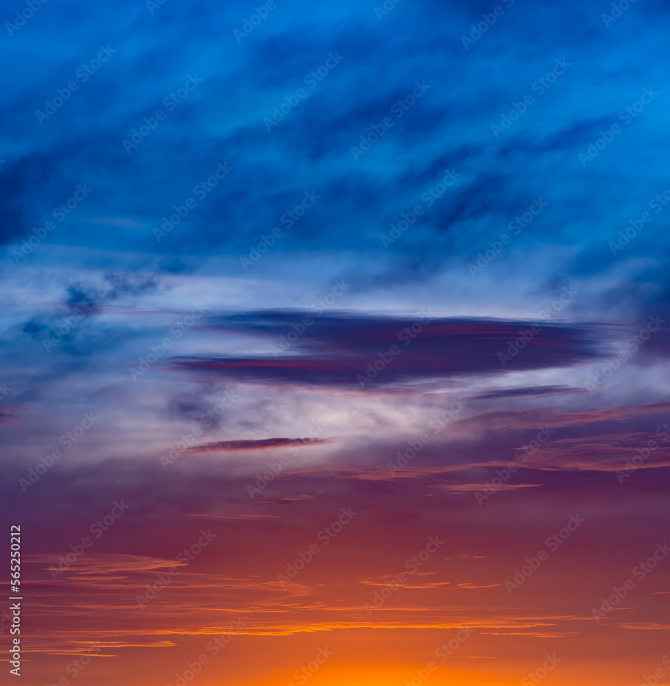 Sunset sky with multicolor clouds. Gorgeous panorama twilight sky and cloud at morning background. Dramatic beautiful sunset sunrise and dramatic clouds. Panorama sunset sky for background or sunrise