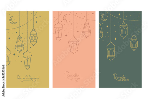 Ramadan Kareem greeting card boho design style with lanterns vector illustration