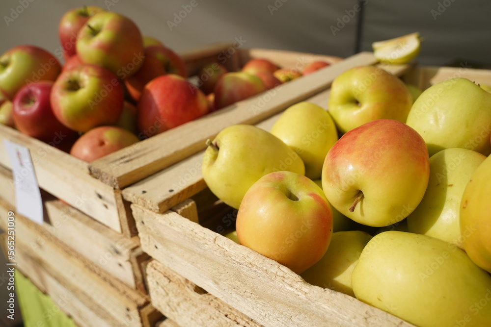 A huge number of fresh apples of different varieties on a big sale A huge number of fresh apples of different varieties on a big sale