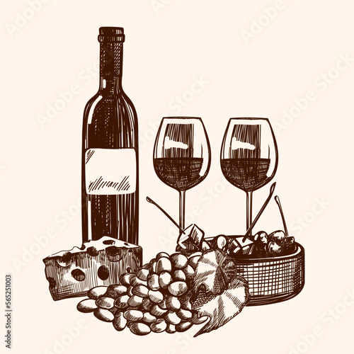 Hand drawn illustration with grapes, two glasses, head of cheese and bottle of wine in sketch style.