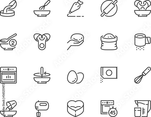 Home Baking and Baking Ingredients. Flour, Eggs, Milk, Baking Powder, Bowl, Dough, Stove. Bakery Kitchenware. Editable Stroke. 48, 96, 192 Pixel Perfect.