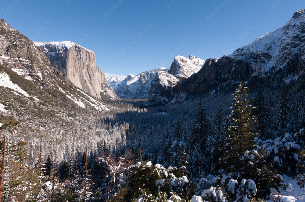 Landscape shot of Yosemite Valley, from the tunnel view lookout, showing El Capitan and Half-dome in the distance.