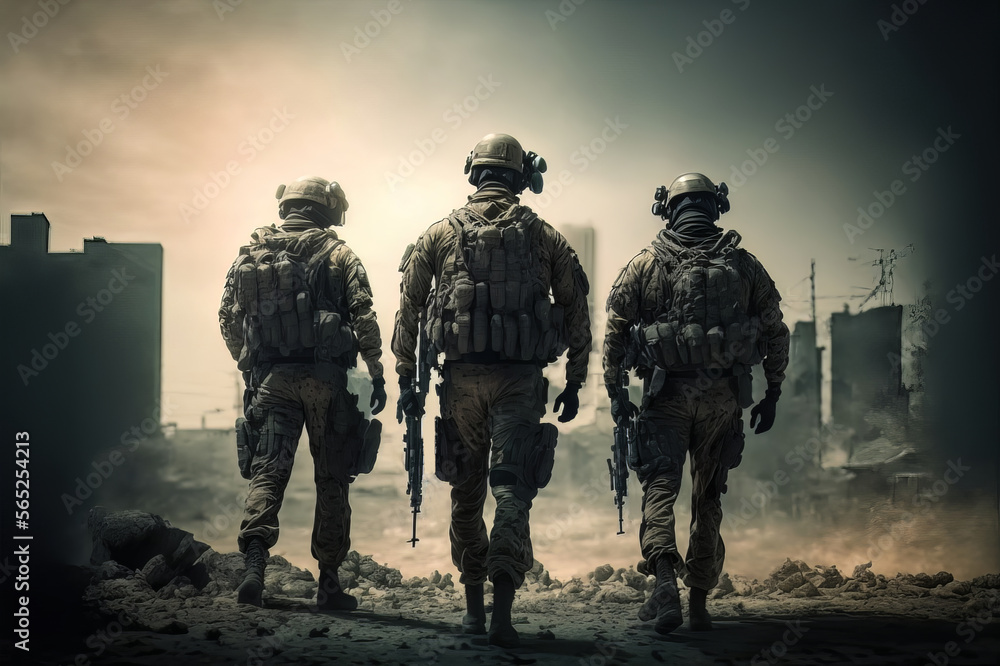Three soldiers in uniform view from behind with an apocalyptic war background. Illustration generated by AI.