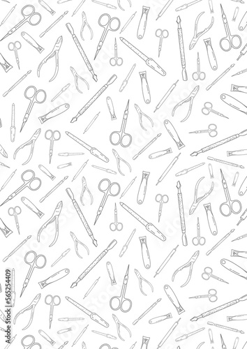doodle seamless pattern with manicure and pedicure accessories, black lines on a white background, advertising banner, background for a beauty salon