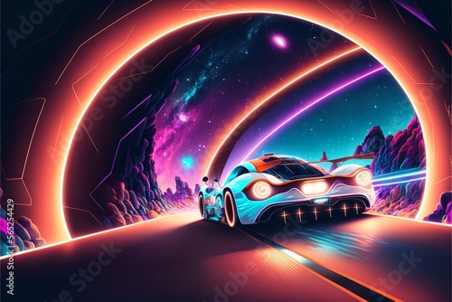 Sport racing car at high speed riding in illuminated road tunnel. Generative Ai.