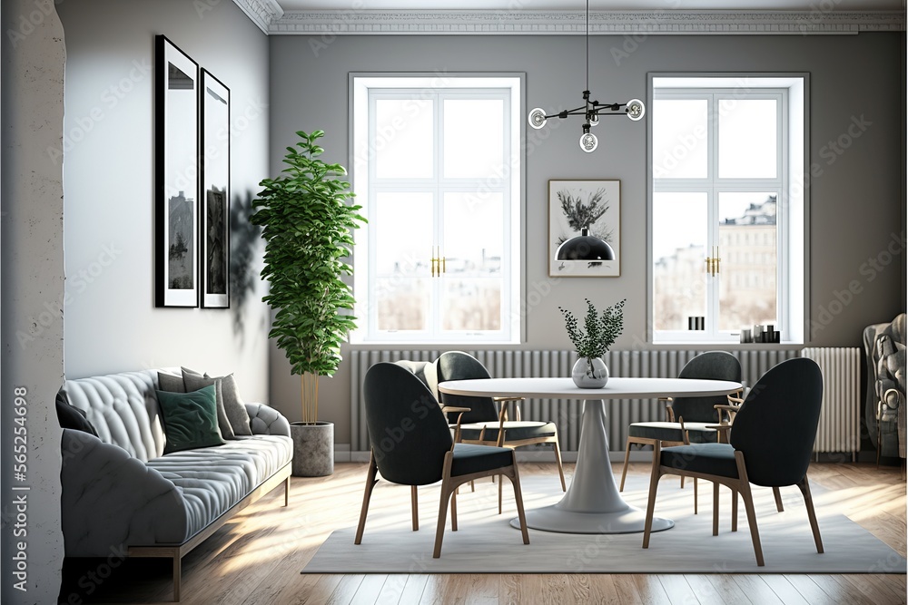 Fototapeta premium 3D Generative AI Renderings of a Minimalist Apartment with Unique and Timeless Domestic Architecture, Modern, Luxury, Top, Chairs, Stofa, Furniture Design, Indoor Art Illustrations and Designer Vases