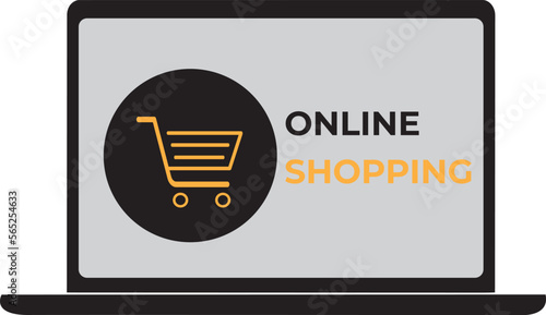 Online shop, web store concept. Laptop computer with awning. Isolated on white background. Flat design.