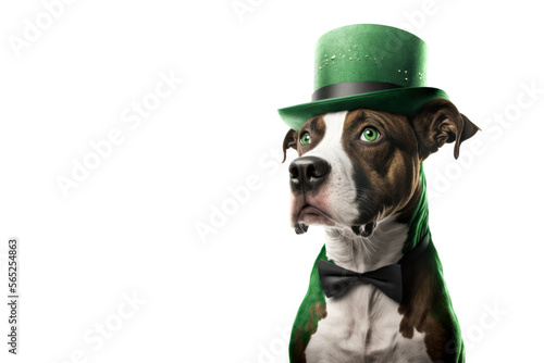 Cute Dog with Green St. Patrick's Day Hat on blurred colored background. Generative AI