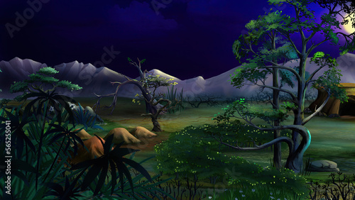 Oasis plants in desert area at night illustration