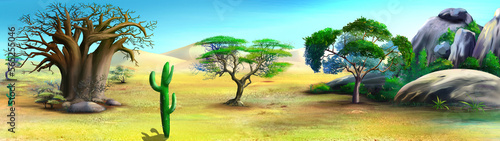 Savannah landscape with trees and rocks illustration