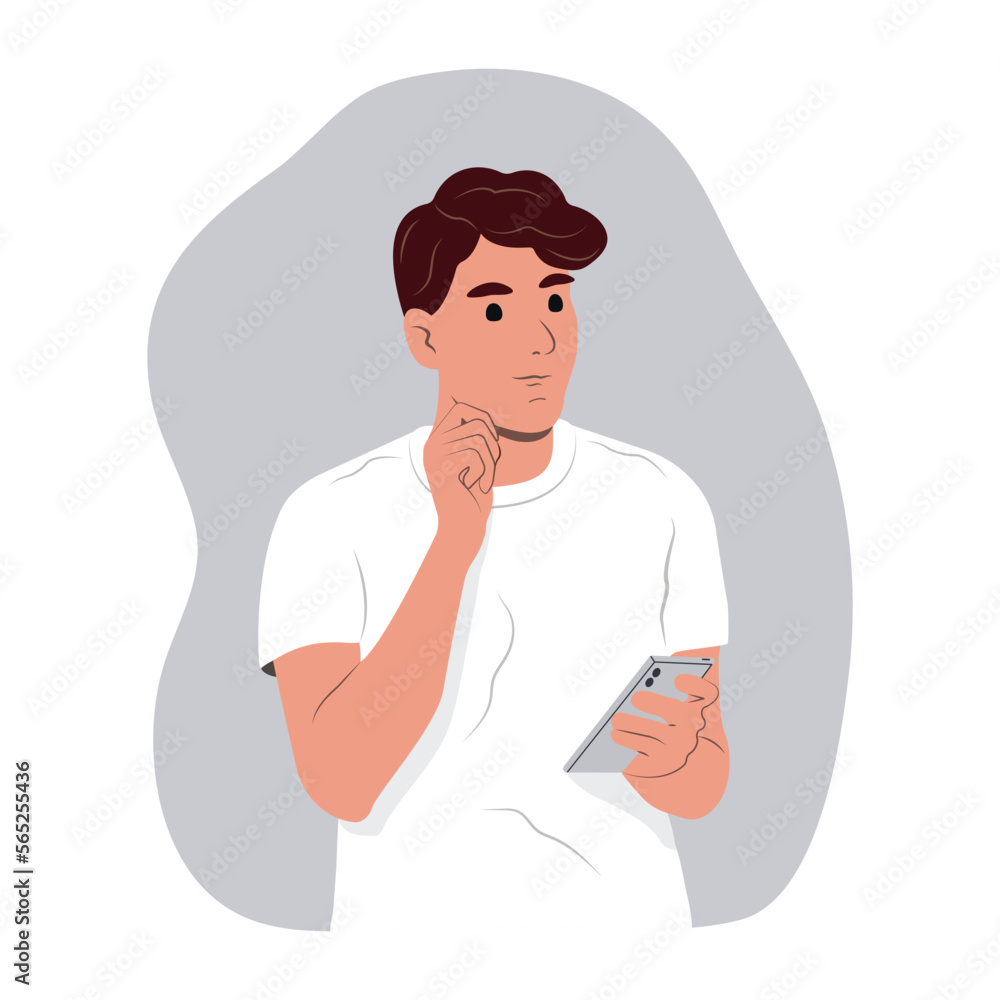 Online survey concept. A person choosing an answer online. Pensive young man holding the phone gives an answer online. Online survey concept Online survey concept. A person choosing an answer online. Pensive young man holding the phone gives an answer online. Online survey concept