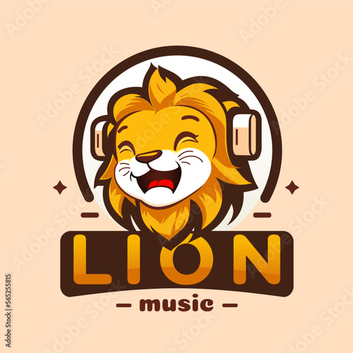 Young lion listens to music in headphones and squinted with pleasure. Lion music logo design. Cute lion head in cartoon style. Vector illustration