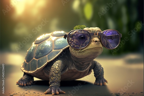 Cool turtle with sunglasses on a simple background. Generative Ai. © MinixT