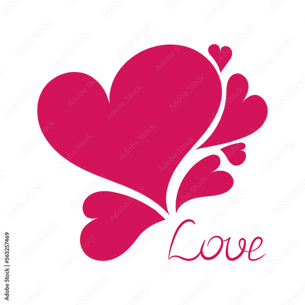 Composition of heart and text love on white background