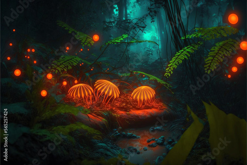 Ai-Generated 3D Render of a Bioluminescent Orange Jungle  Exploring the Vibrant Natural Wilderness of a Tropical Rainforest