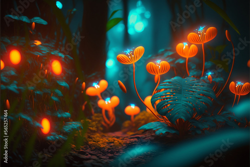 A Vibrant 3D AI-Generated Render of an Orange Bioluminescent Rainforest  Exploring the Exotic Fauna  Flora  and Misty Foliage Illuminated by Rays of Sunlight