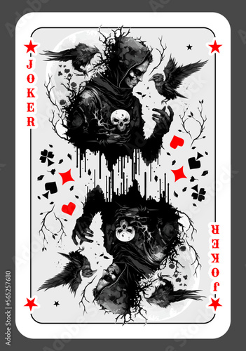 Joker or jester, card in the deck of cards. Jester with a skull in his hand surrounded by ravens. Playing cards with a joker. Vector illustration