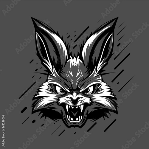 Angry furious rabbit rabbit with burning eyes, black and white logo. Vector illustration